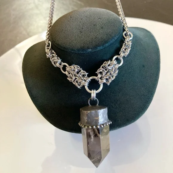 Handmade big raw black Smokey crystal quartz maille silver boho goth necklace - Picture 11 of 16